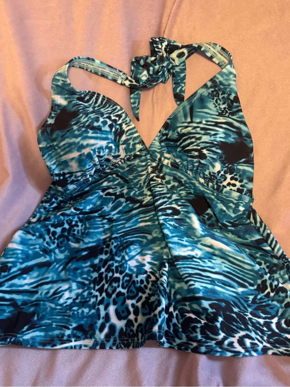 Blue Animal-Print Halter Swim Top